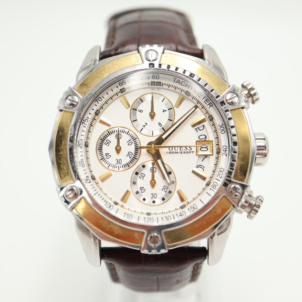 Guess Two Tone Split Second Chronograph 46mm Watch Brown Leather w New Battery - Picture 4 of 16